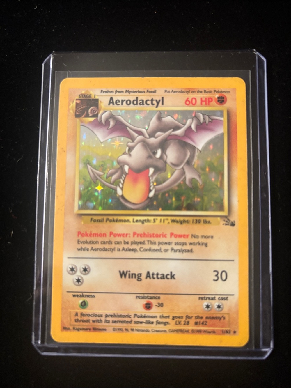 Fossil Pokemon Aerodactyl Holographic Card - Yellow, Purple, Red